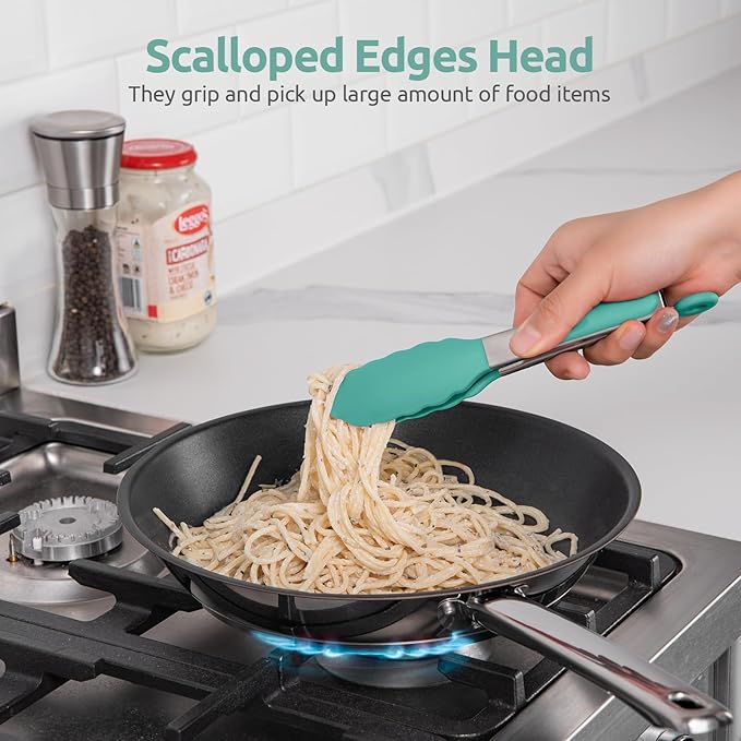 600ºF Heat Resistant Kitchen Tong: U-Taste 7in Silicone Cooking Tong with Firm Sealed Non Stick Rubber Tips & Silicon Coated 18/8 Stainless Steel Handle & Smooth Locking for Serving Salad (Aqua Sky) - Image 4