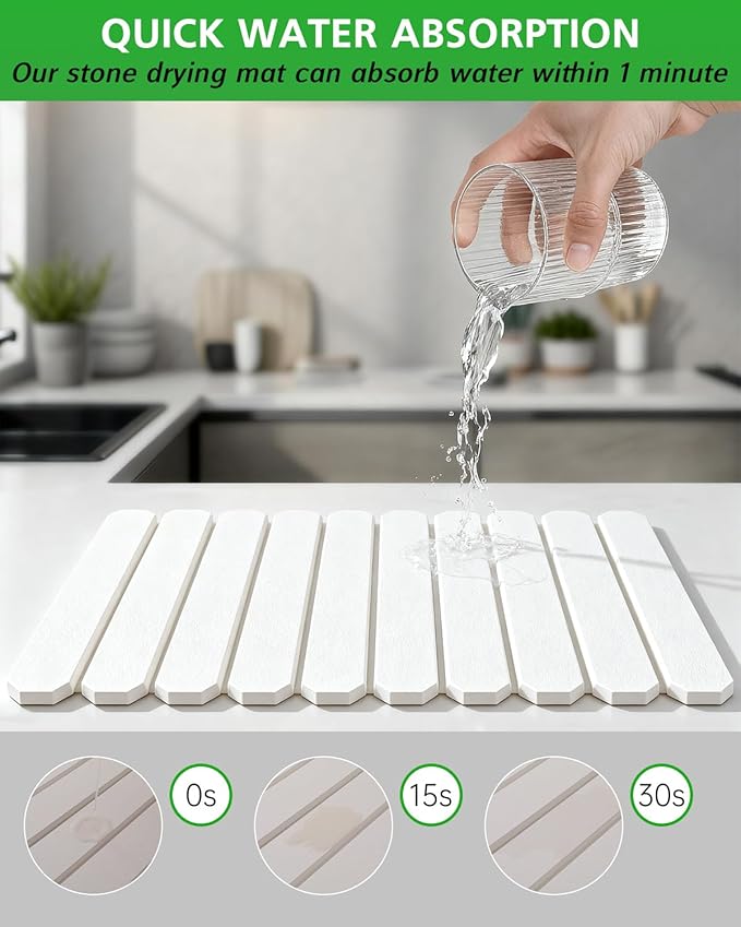 Stone Drying Mat for Kitchen Counter 16x24 Inch, Diatomaceous Dish Drying Mat with Towel Sanding Tool, Fast-Absorbing Quick-Dry Non-Slip Sink Tray - Image 2