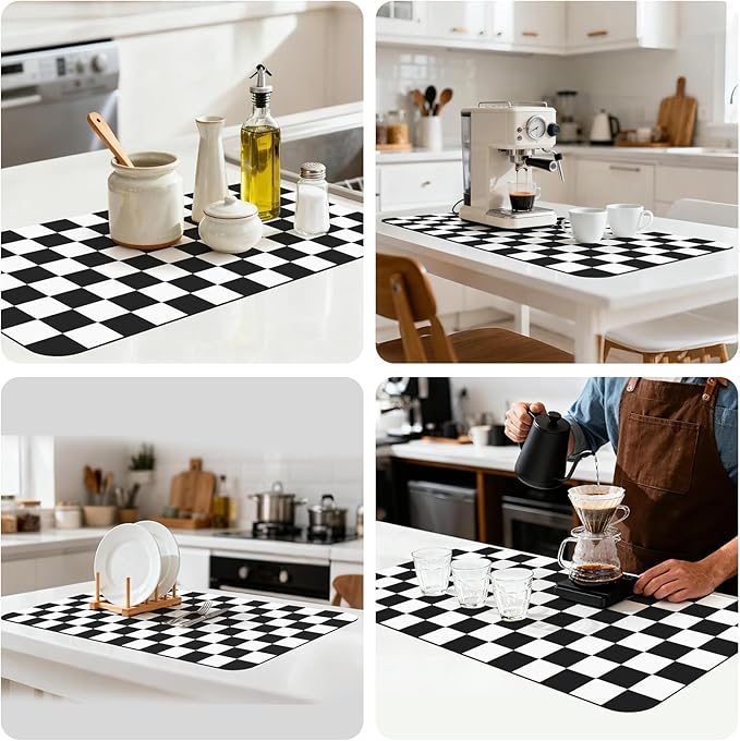 17" x 32" Checkered Dish Drying Mat for Kitchen Counter, Absorbent Coffee Bar Mat for Espresso Machine Coffee Countertops Accessories, Black - Image 8