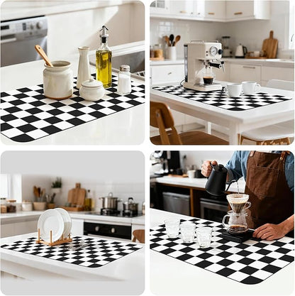 17" x 32" Checkered Dish Drying Mat for Kitchen Counter, Absorbent Coffee Bar Mat for Espresso Machine Coffee Countertops Accessories, Black - Image 8