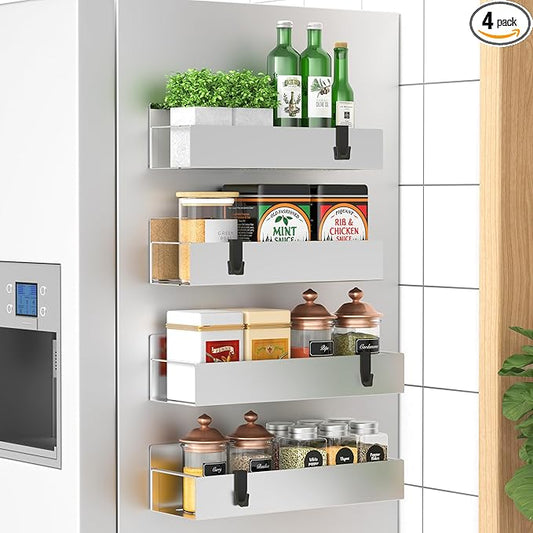 HuggieGems 4 Pack Magnetic Spice Storage Rack Organizer for Refrigerator and Oven, Silver Fridge Organizers and Storage by HuggieGems