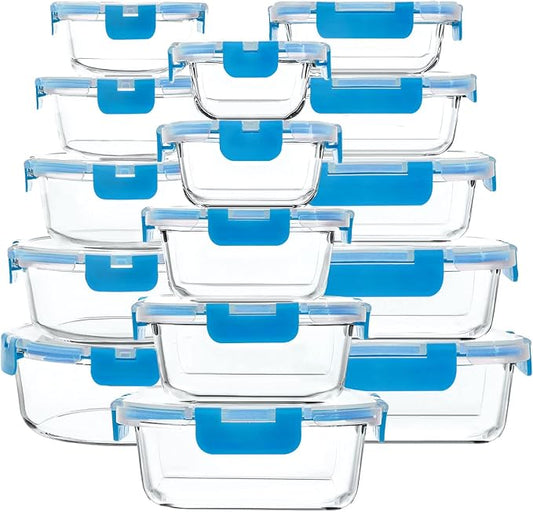 M MCIRCO 30 Pieces Glass Food Storage Containers with Upgraded Snap Locking Lids,Glass Meal Prep Containers Set - Airtight Lunch Containers, Microwave, Oven, Freezer and Dishwasher Friendly, Blue by MMCIRCO