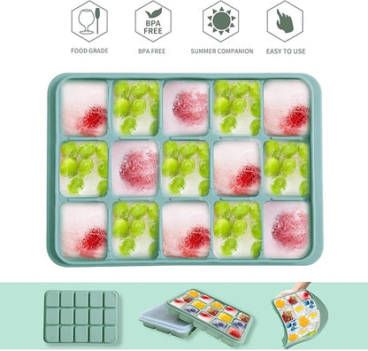 Ice Cube Trays Set of 2, Easy Release 15 Flexible Silicone Ice Cube Molds with Removable Lid Reusable Freezer Ice Trays Stackable for Whiskey, Baby Food, BPA Free (GREEN+GRAY) - Image 4
