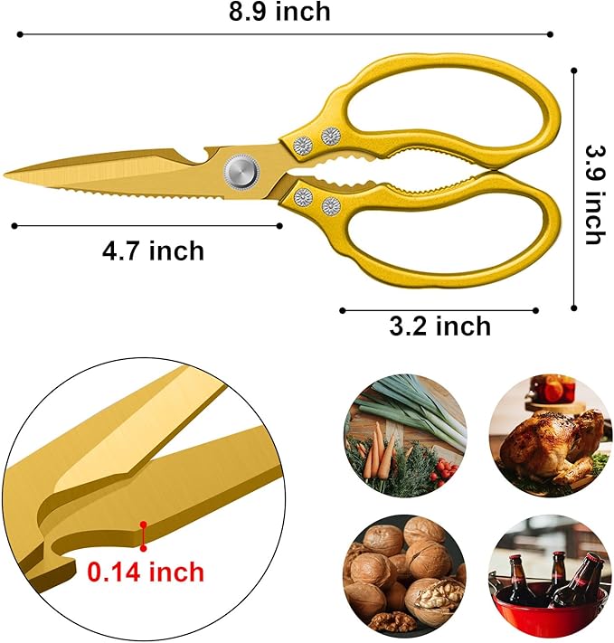 CGBE Kitchen Scissors, Multi-Purpose Kitchen Shears, Heavy Duty Dishwasher Safe Food Scissors for Chicken, Poultry, Fish, Meat & Herbs with Non-Slip Grips - ALL Gold - Image 3