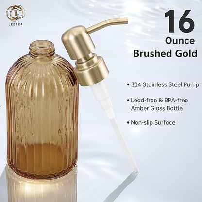 16 OZ Amber Glass Soap Dispenser, Amber Stripe Bathroom Hand Soap Dispensers with Stainless Steel Brushed Gold Pump,Brown Glass Kitchen Hand Soap Dispenser with Brushed Gold Pump