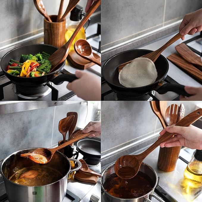 Wooden Utensil Set 8 Pcs – Sturdy & Easy to Clean, Natural Teak Wooden Spoons for Cooking – Non-Scratch Cooking Utensils with Spatula, Turner, Ladle, Spoons, Skimmer, Holder, Spoon Rest & 6 Hooks - Image 9