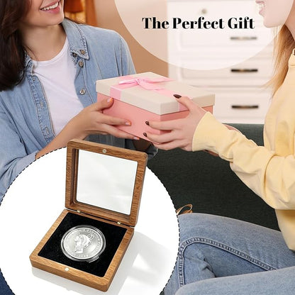Silver Dollar Coin Holder – Single Coin Display Case Wooden Storage Box for 1.8” Coins, Clear Lid Showcase for Collectors, Medal & Commemorative Coin Display