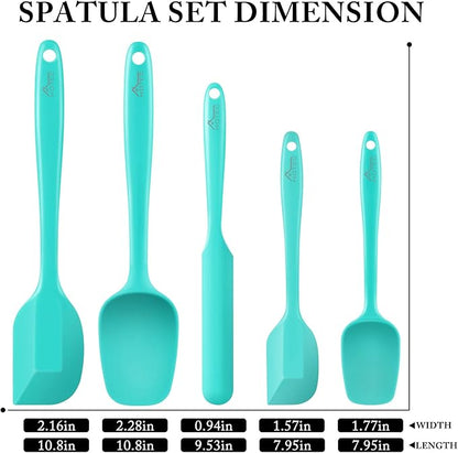 HOTEC 600℉ Heat Resistant BPA-Free Silicone Rubber Spatula Set,Kitchen Cooking Spatulas, Baking, Mixing for Non Stick Cookware, Dishwasher Safe, Set of 5 Aqua Sky - Image 2