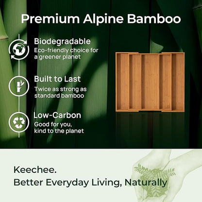 Carbonized Bamboo Kitchen Drawer Organizer, 5 Slots Expandable Silverware Organizer, Utensil Holder & Cutlery Tray, 2.2" Deep for Extra Capacity, Non-Slip Feet Included.