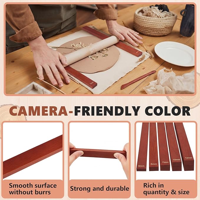 Sasylvia 10 Pcs Pottery Rolling Pin Guides Wood Teaching Rolling Mud Stick Guide Set Polymer Clay Depth Guide Pottery Tools Clay Mudboard Tools (5 Size,Reddish Brown) - Image 3