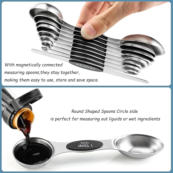 Magnetic Measuring Spoons Set of 9 Stainless Steel Dual Sided Stackable Teaspoon Tablespoon Nesting Measuring Spoon for Measuring Dry and Liquid Ingredients Fits in Spice Jar - Image 4