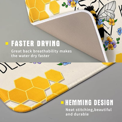 Giwawa Bee Kind Dish Drying Mat, Summer Bees Flowers Dish Drainer Mats for Kitchen Countertop, Yellow Honeycomb Absorbent Reversible Dish Drying Pad Decoration, 16x18inches, Small Size