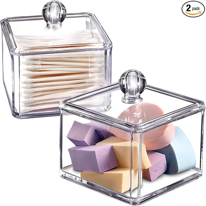 SheeChung 2-Pack Modern Square Acrylic Qtip Holder - Clear Apothecary Jars with Lids - Bathroom Vanity Storage Canister - Shatterproof Square Organizers for Cotton Swabs, Pads-Modern Minimalist Decor