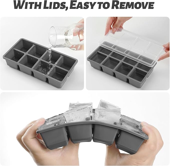 Large Ice Cube Trays with Lid, Jrisbo 2 Pack Stackable Silicone Ice Cube Molds for Freezer, Easy Release 16 Big Square Ice Trays for Whisky Cocktails (Pure Gray) - Image 2
