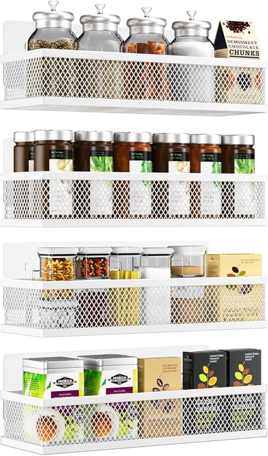 Spice Rack Wall Mount, 4 Pack Wall Spice Rack & Hanging Storage Baskets Organizer Wall Mount, Large Capacity Metal Spice Shelf for Kitchen Cabinet, Pantry Doors, Bathroom, Shower, Home Decor by Umomi