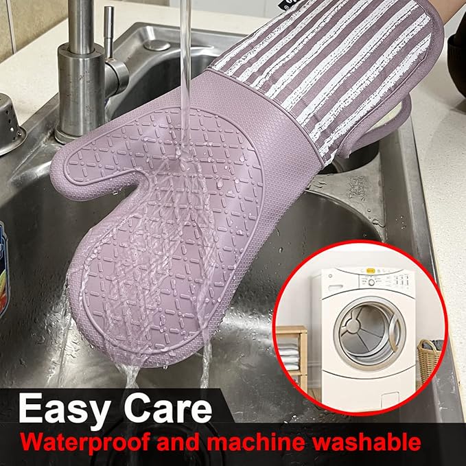 Alselo Silicone Oven Mitts Heat Resistant 932℉ with Waterproof & Non-Slip Kitchen Mittens, Set of 2 Extra Long Oven Gloves with Soft Cotton Terry Lining for Baking Cooking Barbecue(2, Purple Mitts) - Image 6