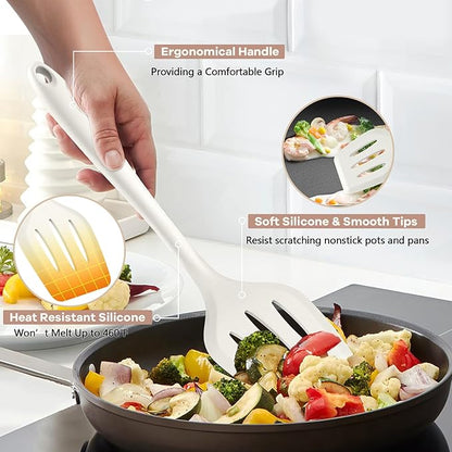 TeamFar Kitchen Cooking Utensils, 10 pcs Silicone Cooking Utensils Set, 446°F Heat Resistant Kitchen Gadgets Tools Set w/Spatula, Turners, Spoons, Soup Ladle, Pasta Server for Nonstick Cookware, White - Image 3