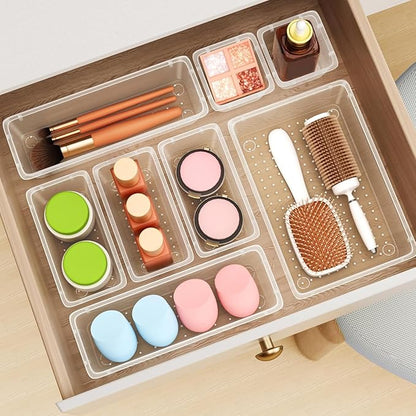 ElegantArray 12 PCS Drawer Organizer Set, 4 Sizes Tool Storage Trays, Clear Plastic Makeup Vanity Organizer and Storage Bins for Makeup, Stationeries, Multiple Gadgets for Bathroom, Office, Bedroom - Image 8