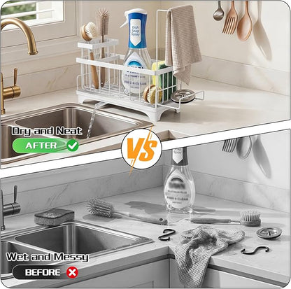 VOOWO Sponge Holder for Kitchen Sink, Compact Sink Caddy with Detachable Brush Holder and Towel Rack, Stainless Steel Kitchen Sink Organizer for Dish Sponge, Soap Dispenser Storage Accessories (White)
