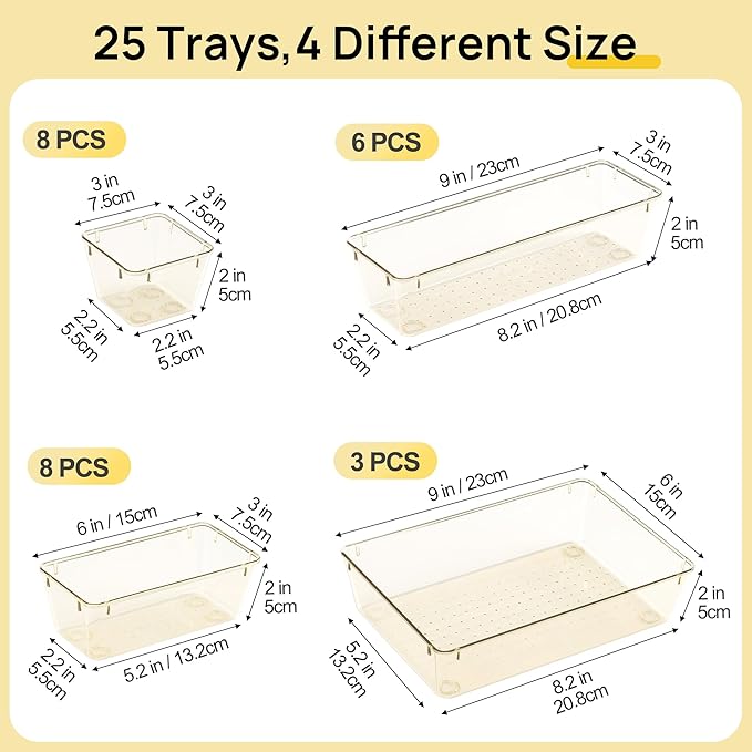 Vtopmart 25 PCS Clear Plastic Drawer Organizers Set, 4-Size Versatile Bathroom and Vanity Drawer Organizer Trays, Storage Bins for Makeup, Bedroom, Kitchen Gadgets Utensils and Office - Image 7