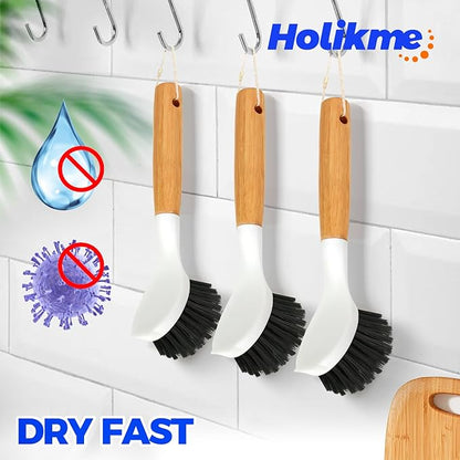 Holikme 3 Pack Cast Iron Brush and Scraper with Bamboo Handle – Skillet Scrubber with Tough Nylon Bristles, Kitchen Cleaner for Cleaning Skillet, Grill Pan, Dark Gray - Image 5