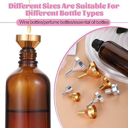 8 Pcs Small Metal Funnels 4 Sizes Gold Silver Mini Funnel with 2 Mini Pipette for Filling Perfume, Essential Oil Bottles