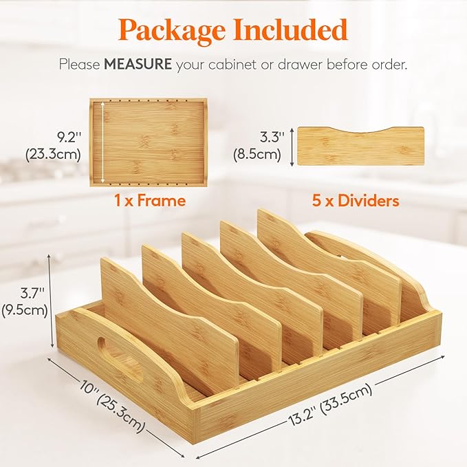 Lifewit Bamboo Lid Organizers for Inside Cabinet, Food Storage Container Lid Holder with 5 adjustable Inserts & 6 Sections, Kitchen Pantry organizer and storage, Large, 13.2" x 10"/34 x 25cm - Image 2