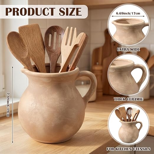 Potchen Rustic Kitchen Utensil Holder with Handle,7.48" H Ceramic Vintage Utensil Crock for Countertop, Farmhouse Kitchen Decoration Ceramic Pot for Spatulas Spoons Tongs(Classic,Antique Beige) - Image 3