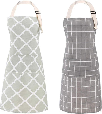 Tosewever 2 Pack Cotton Adjustable Bib Apron for Women, Cooking Kitchen Aprons with Pockets BBQ Drawing, Mom Woman Men Chef (Cotton - Grey/Green, 2)