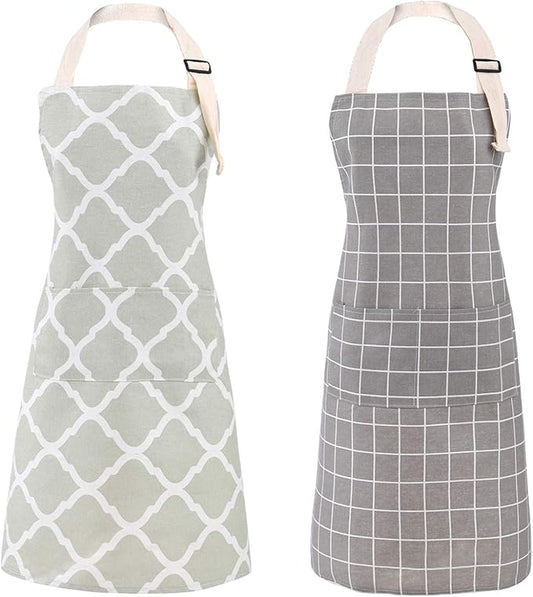 Tosewever 2 Pack Cotton Adjustable Bib Apron for Women, Cooking Kitchen Aprons with Pockets BBQ Drawing, Mom Woman Men Chef (Cotton - Grey/Green, 2)