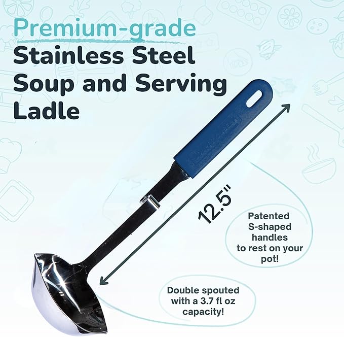 Souper Cubes + Lori Greiner No Mess Stainless Steel Soup Ladle with Silicone Handle - Metal Soup Ladle with No Mess Design That Hooks on Side of Any Pot - Blueberry - Image 4