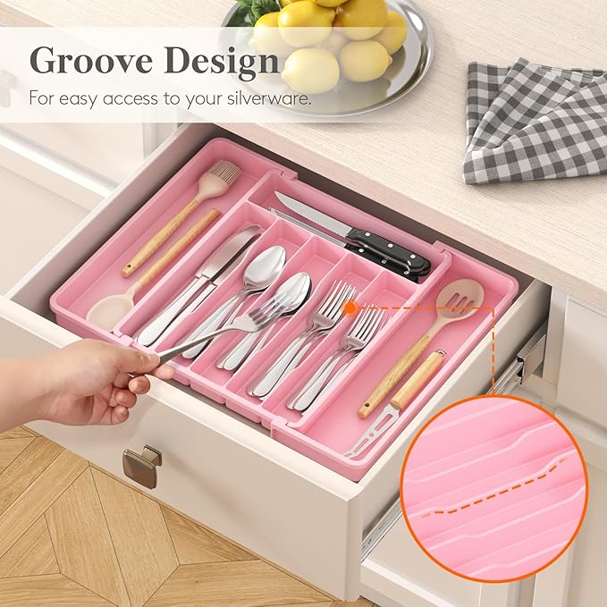Lifewit Silverware Drawer Organizer, Expandable Utensil Tray for Kitchen, BPA Free Flatware and Cutlery Holder, Adjustable Plastic Storage for Spoons Forks Knives, 10.9"-17.5" x 13.7", Pink - Image 8