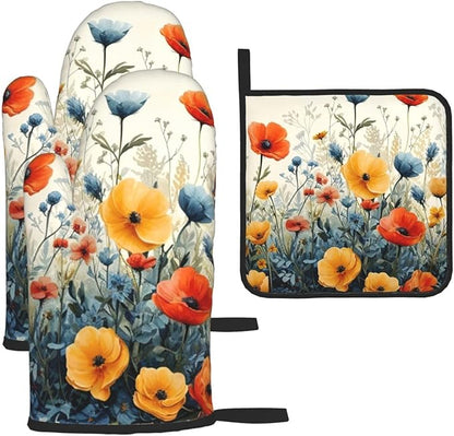Colorful Wildflower Oven Mitts and Pot Holders Set of 3,Heat Resistant Non Slip Blue and Orange Floral Kitchen Gloves Hot Pads for BBQ Grilling,Chef Cooking Baking Gifts for Women Bakers