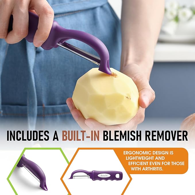 Spring Chef Professional Purple Swivel Potato Peelers for Kitchen, Stainless Steel Veggie Peeler with Soft Grip Handle, Dishwasher Safe, Grate for Peeling Apple, Fruit, Carrot, Cucumber, Purple - Image 5