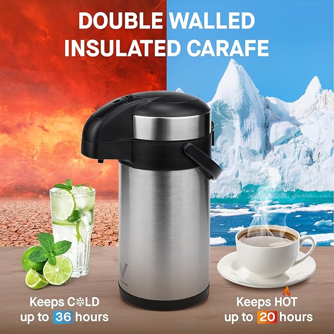 Airpot Coffee Dispenser with Pump - 140 oz Insulated Stainless Steel Coffee Carafe - Thermal Beverage Dispenser - Coffee Urn for Hot/Cold Water, Party Chocolate Drinks - Image 2