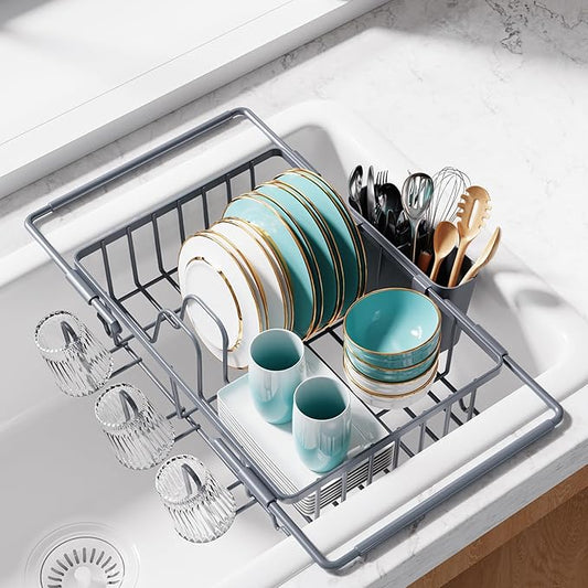 Sakugi Dish Drying Rack in Sink - Expandable Stainless Steel Dish Rack Over the Sink, Kitchen Sink Drain Strainer with Cutlery Holder & Cup Holders, 15.4 x 9.8 x 3.0 Inch, Silver by Sakugi