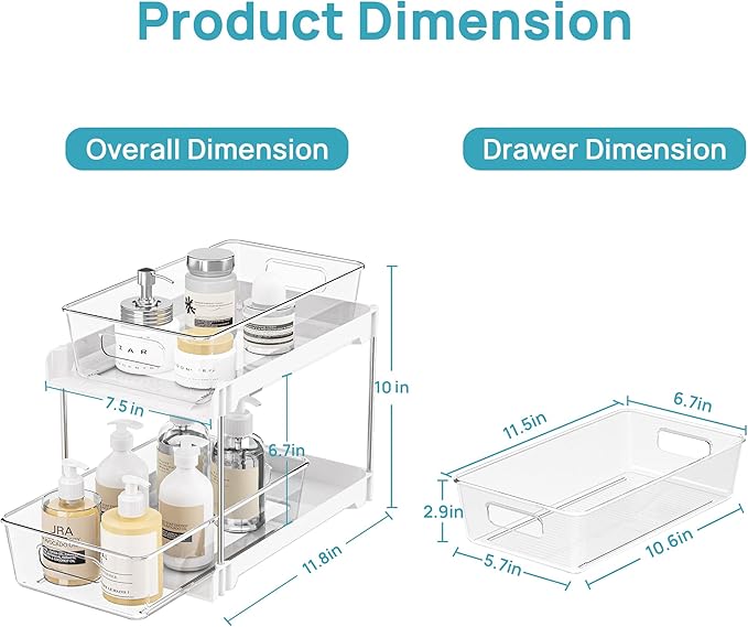 Vtopmart 2 Pack Bathroom Organizer, 2 Tier White Under Sink Organizers Vanity Countertop Storage Container,Cabinet Drawers Bins, Pull-Out Organization with Track for Pantry, Kitchen - Image 2