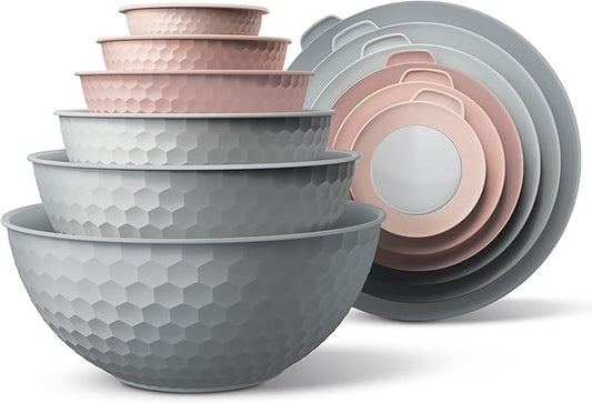 COOK WITH COLOR Mixing Bowls with Lids - 12 Piece Plastic Nesting Bowls Set includes 6 Prep Bowls and 6 Lids, Microwave Safe Mixing Bowl Set, Pink Embossed by CookwithColor