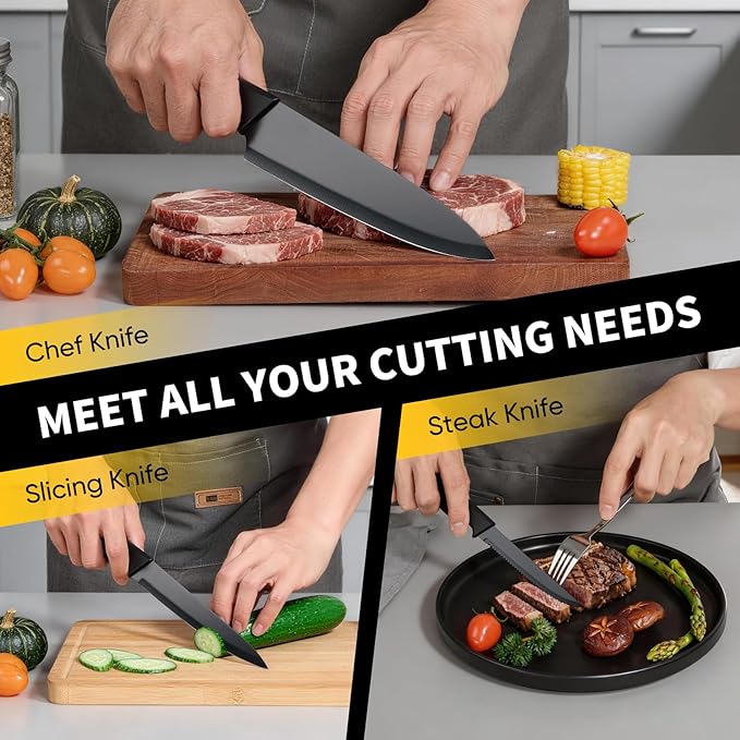 E-far Knife Set, 15-Piece Kitchen Knife Block Set with Sharpener, High Carbon Steel Chef Paring Steak Knives with Ergonomic Non-Slip Handle, Anti-Rust & Razor Sharp, Black - Image 6