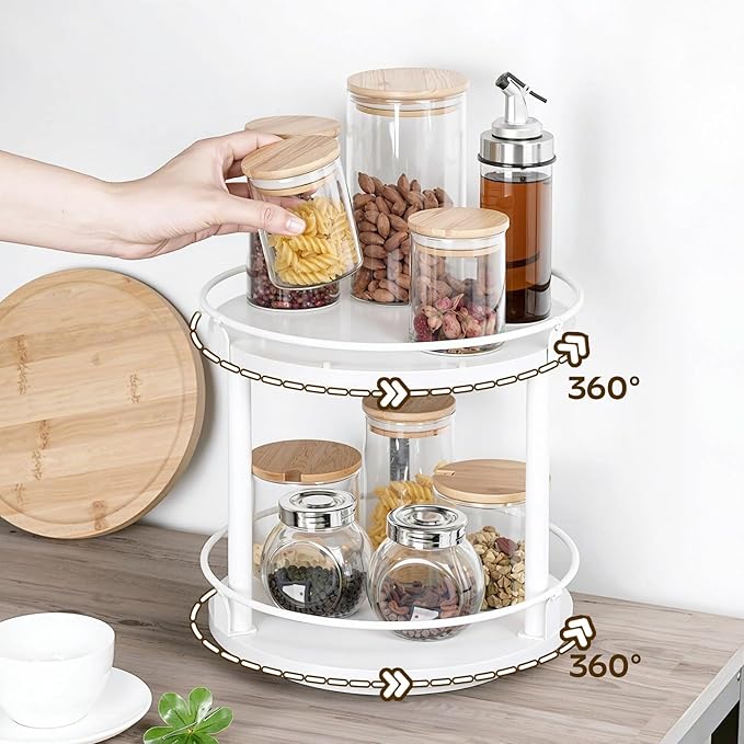 YATINEY Lazy Susan Organizer, Rotating Spice Rack, 2 Tier Spice Turntable Organizer, Industrial Turntable Spice Holder, for Kitchen Countertop, Compact and Versatile, White SR22WW - Image 3