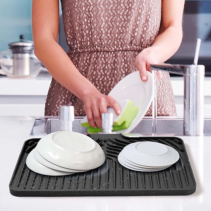 Dish Drying Mat for Kitchen Counter, with Built-in Drain Lip, Food-Grade Silicone, Easy Clean Pad for Countertop Protection, Multi-Functional Use (18 x12 Raised Sink, Black) - Image 7