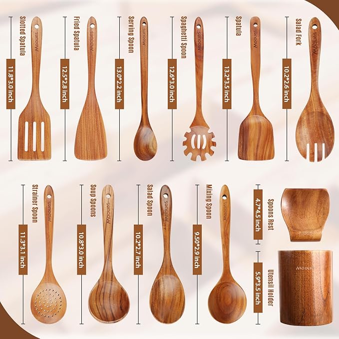 Wooden Spoons for Cooking, 12PCS Teak Wooden Kitchen Utensil Set with Spoon Rest - Smooth Finish, Non-Stick, Comfortable Grip, Heat Resistant Cooking Utensils Set - Image 2