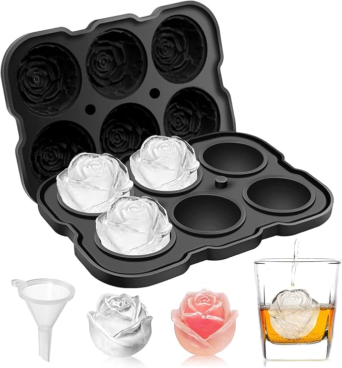 Ice Cube Tray, Mikiwon 2 inch Rose Ice Cube Trays With Covers, 6 Cavity Silicone Rose Ice Ball Maker, Easy Release Large Ice Cube Form for Chilled Cocktails, Whiskey, Bourbon & Homemade Juice Black by Mikiwon