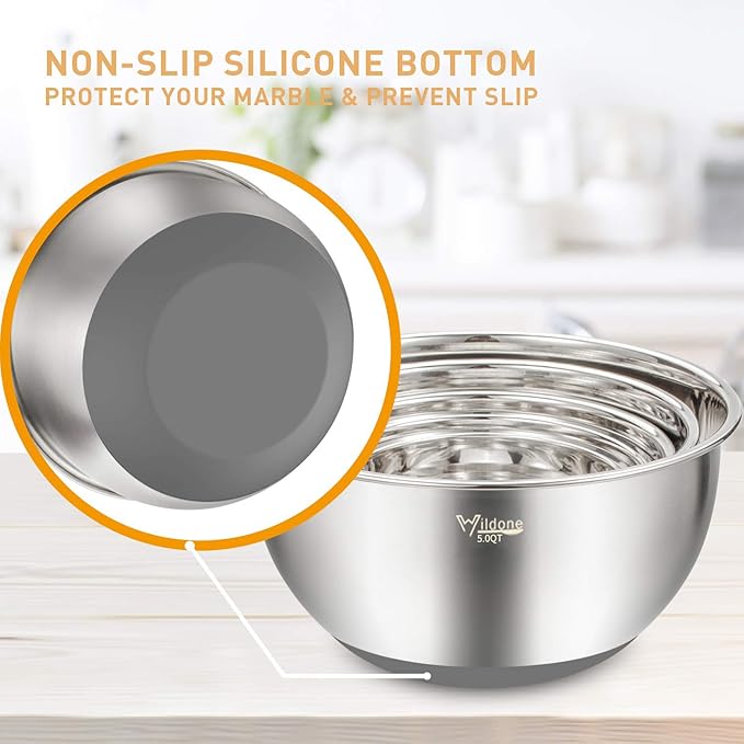 Wildone Mixing Bowls with Airtight Lids Set, 5PCS Stainless Steel Nesting Bowls Set for Kitchen, with Grater Attachments & Non-Slip Bottoms, Size 5, 3, 2, 1.5, 0.63 QT, Great for Baking & Serving - Image 5