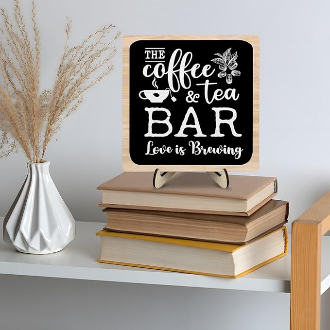 Coffee Bar Plaque, Vintage Desk Decor for Home or Office,Cafe Bar Accessories -The Coffee&Tea Bar Love is Brewing,Coffee Lovers Kitchen Accessories 5.9x5.9inch - Image 7
