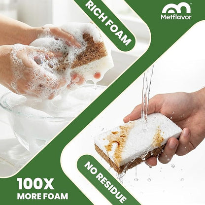 Metflavor 12 Pack Natural Kitchen Sponges, Biodegradable Non-Scratch Cellulose Sponge with Coconut Scrubber for Dishes, Compostable, Non Toxic Cleaning Sponges for Kitchen, Bathroom, Household