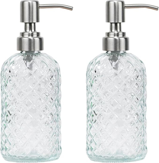 16 oz Diamond Pattern Glass Soap Dispenser, Kitchen and Bathroom Refillable Soap Dispenser with Rust Resistant Stainless Steel Pump for Hand Soap, Lotion Glass Liquid Dispenser(Clear-2pack) by SDlumeiy