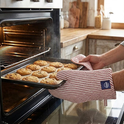 Encasa XO Heat Resistant 100% Cotton Oven Glove & Potholder Set with Loop, Kitchen Cooking Mittens, Microwave Safe Hot Pads (Ticking Red)
