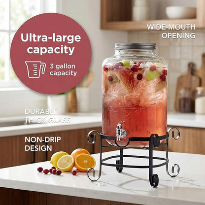 Style Setter Beverage Dispenser Cold Drink Dispenser w/ 3-Gallon Capacity Glass Jug, Metal Stand & Leak-Proof Acrylic Spigot Great for Parties, Weddings & More - Image 5