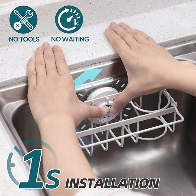 TAILI 4-in-1 Sink Caddy with Strong Suction Cup, Sponge Holder for Kitchen Sink Organizer, Removable, Rustproof, Stainless Steel Holder for Sponge, Brush, Scrubber, Scraper - White - Image 2